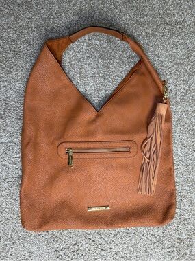 Steve Madden Large Hobo Bag Brown Faux Leather Shoulder Purse with Gold Hardware